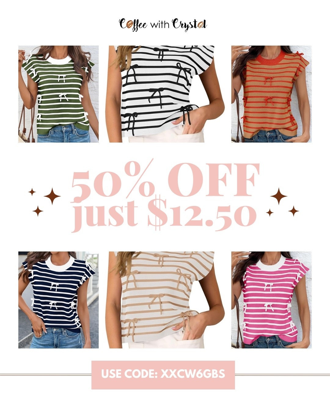🎀 Stripes + bows? Yes, please!
✨ 50% OFF — just $12.50 with code XXCW6GBS!
Available in 6 gorgeous colors for the perfect everyday look.

#LTKSale #LTKStyle #LTKFinds #LTKUnder50 #LTKUnder25 #LTKOutfitInspo #BowTop #StripedTop #StyleSteals #CoffeeWithCrystal
