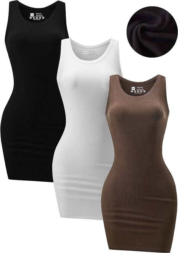 ChongBaiJia 3 Piece Womens Ribbed Scoop Neck Sleeveless Tank Dresses Basic Bodycon Mini Dress | Amazon (US)
