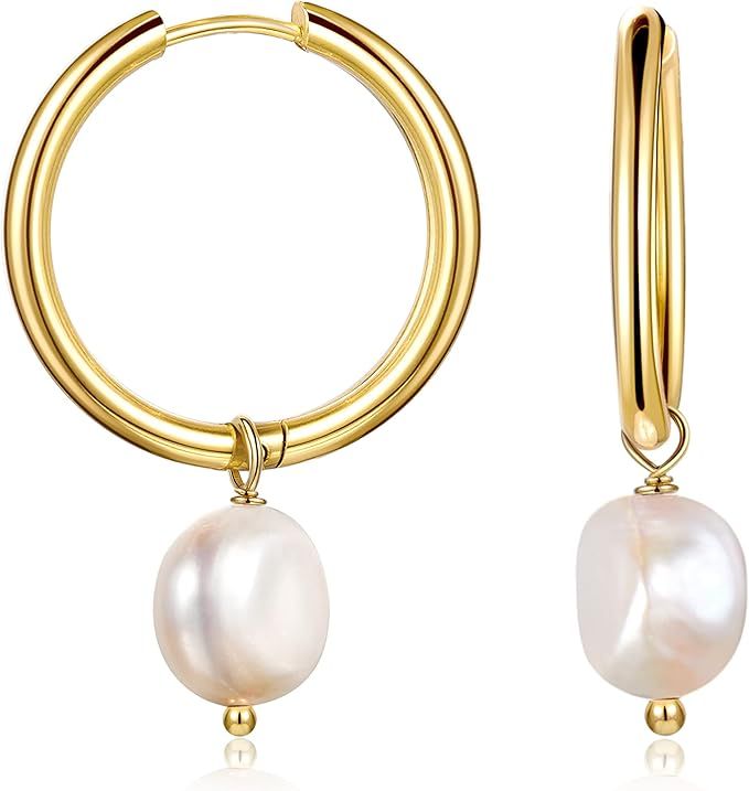 wenssacc Hoop Earring 925 Silver Pearl Drop Earrings 18k Gold Plated Lightweight Handmade Huggie ... | Amazon (US)