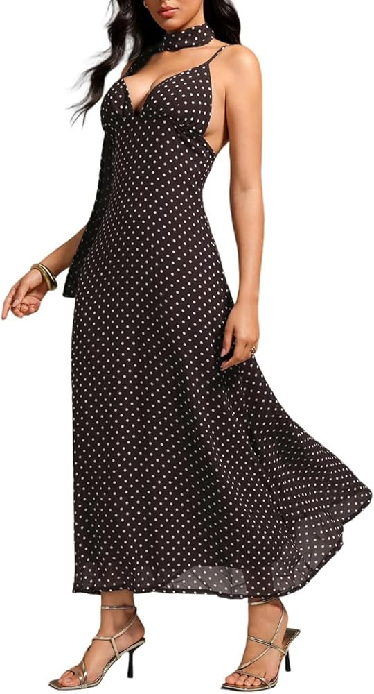 GORGLITTER Women's Deep V-Neck Polka Dots Mesh Tie Backless Sleeveless Long Maxi Dress with Scarf | Amazon (US)