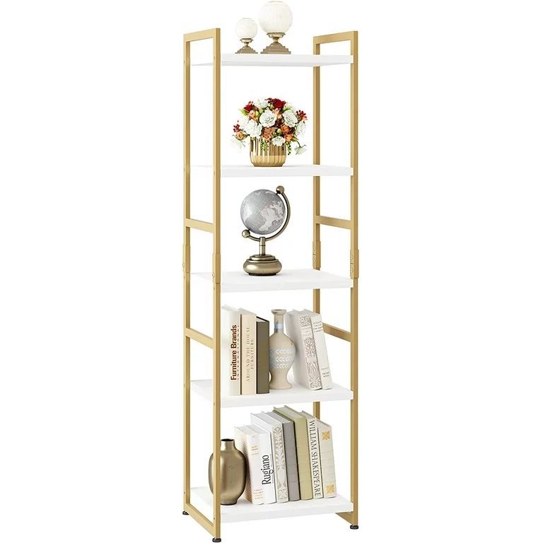 Homfa 5 Tier Gold and White Bookshelf, Tall Freestanding Storage Shelf with Metal Frame for Livin... | Walmart (US)