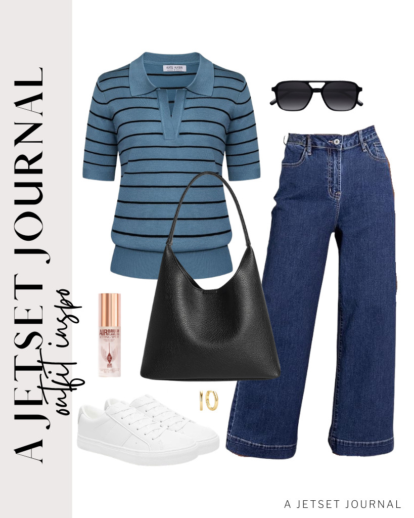 A blue striped polo sweater from Kate Kasin goes well with these wide-leg jeans, too! These Adokoo fashion sneakers match this fit, together with the BOSTANTEN shoulder bag. Add this Charlotte Tilbury Airbrush Flawless Setting Spray to your makeup routine.

#LTKSeasonal #LTKSaleAlert #LTKTravel
 

 