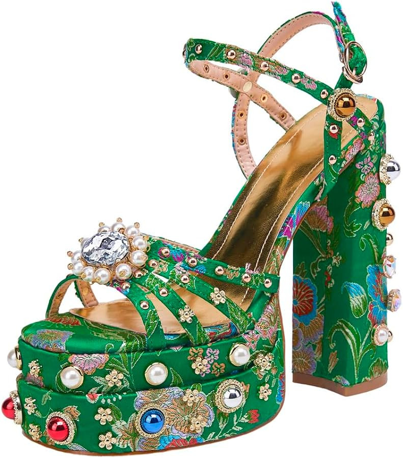 Women Rhinestone High Chunky Platform Open Toe Block Heels Gems Detail Fashion Green Pink Floral ... | Amazon (US)