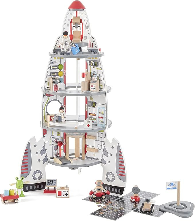 Hape Multi Level 4 Tier 37 Piece Wooden Discovery Spaceship Center Kids Activity Play Set with Mu... | Amazon (US)