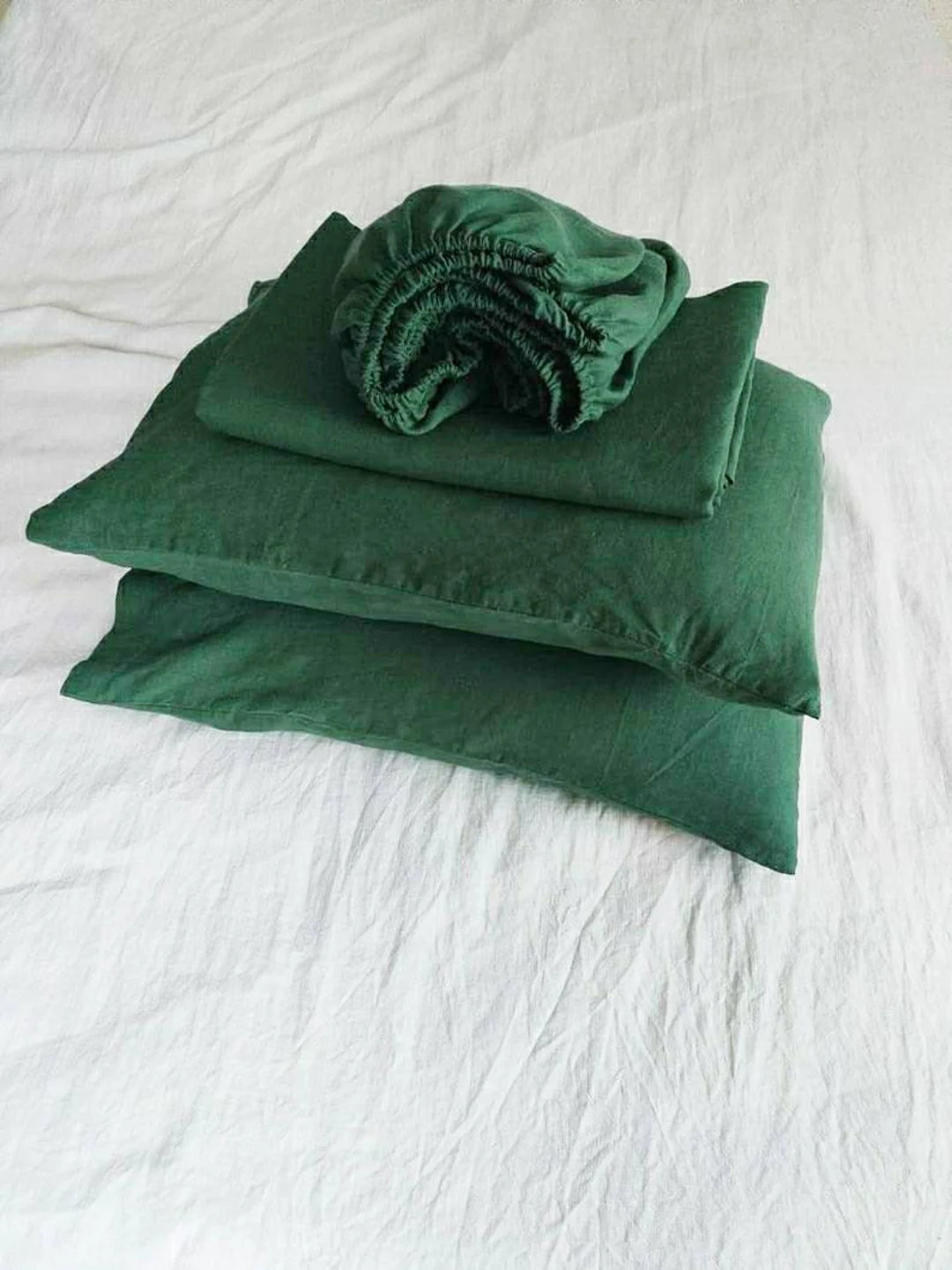 LINEN SHEET SET Fitted Sheed, Flat Sheet and 2 Pillowcases Emerald Green Color Organic Linen Bedd... | Etsy (US)