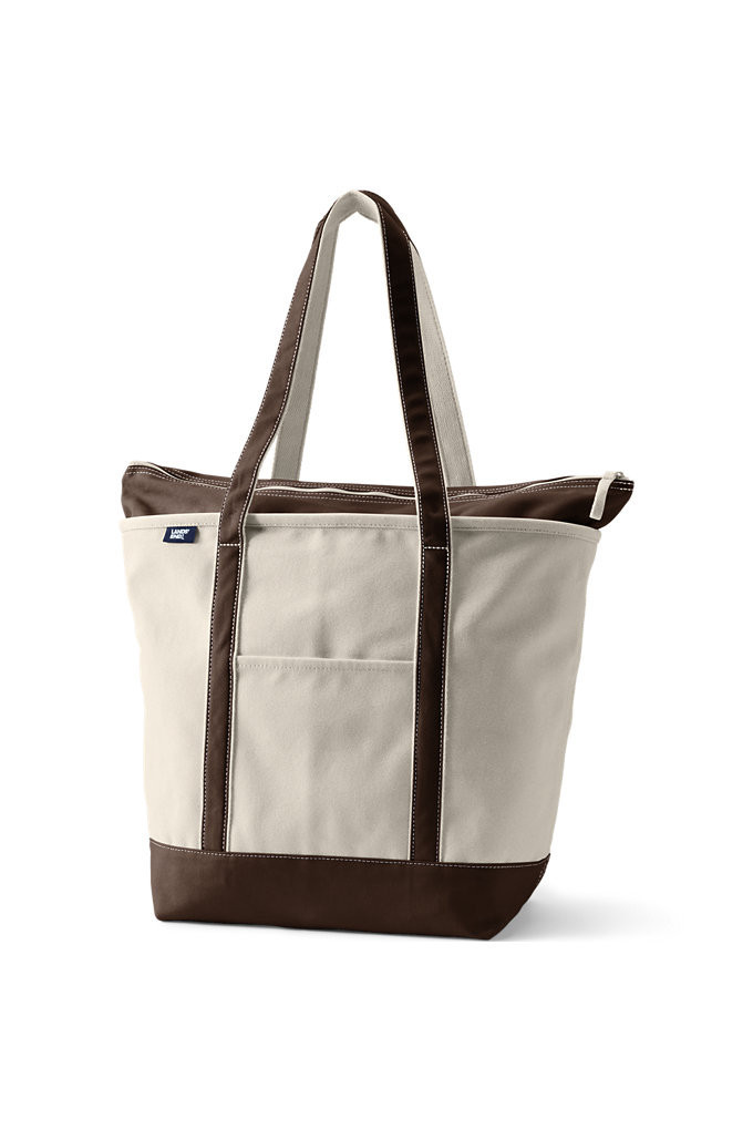 Large 5 Pocket Zip Top Long Handle Canvas Tote Bag - Lands' End - Brown | Lands' End (US)