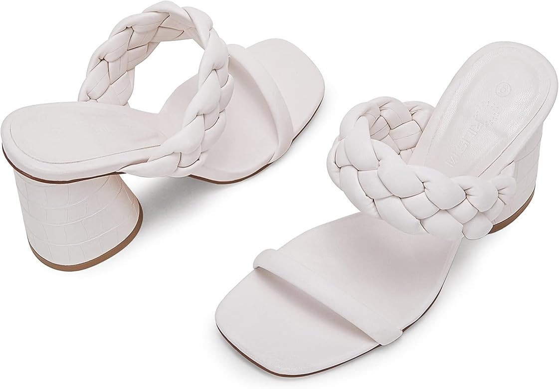 Womens Square Open Toe Braided Sandals Chunky Block Heel Strappy Heeled Sandals Backless Slip on ... | Amazon (US)