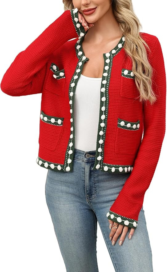 Cropped Cardigan for Women Open Front Jackie O Sweater Jacket Button Down Fall Chunky Knit Coats | Amazon (US)