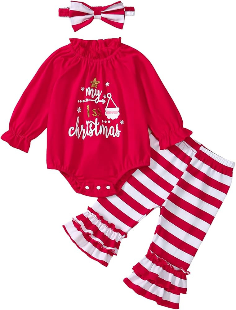 Newborn Baby Girl My First Christmas Outfits Letter Tree Print Pleated Ruffle Romper Flared Pants... | Amazon (US)