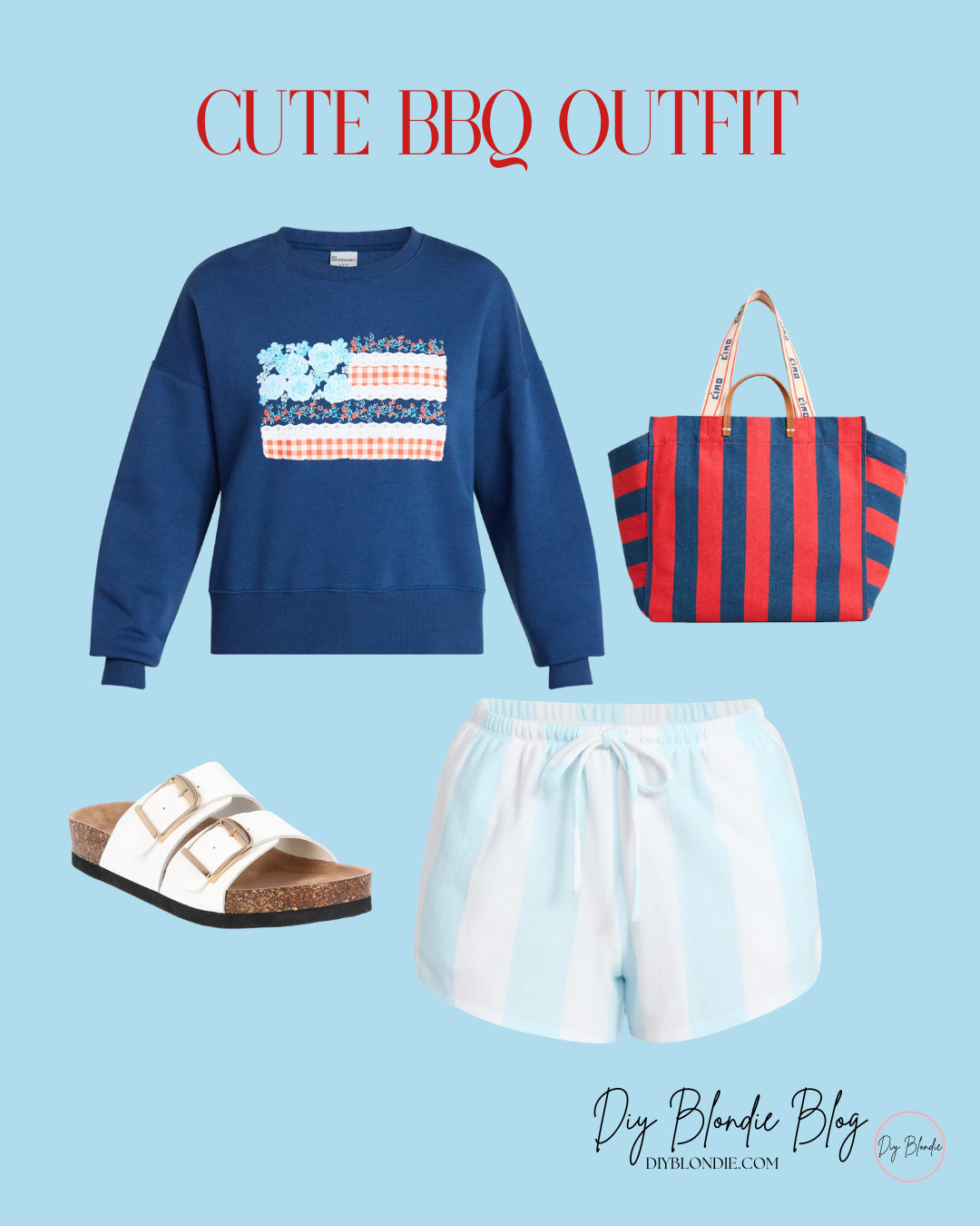 Cutest outfit for upcoming BBQ's, backyard parties, Memorial Day Weekend, or the 4th! And you can still get these before Monday because almost all of them are either from Wal-Mart or Amazon! 

 