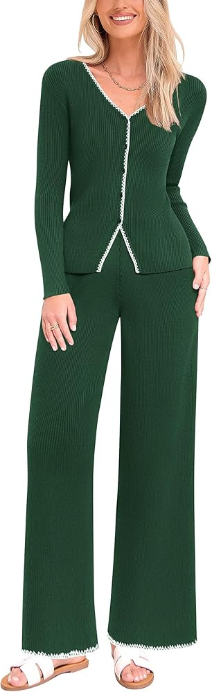 PRETTYGARDEN Women's 2 Piece Outfits 2024 Winter Knit Lounge Sets Long Sleeve Buttons Sweater Top... | Amazon (US)