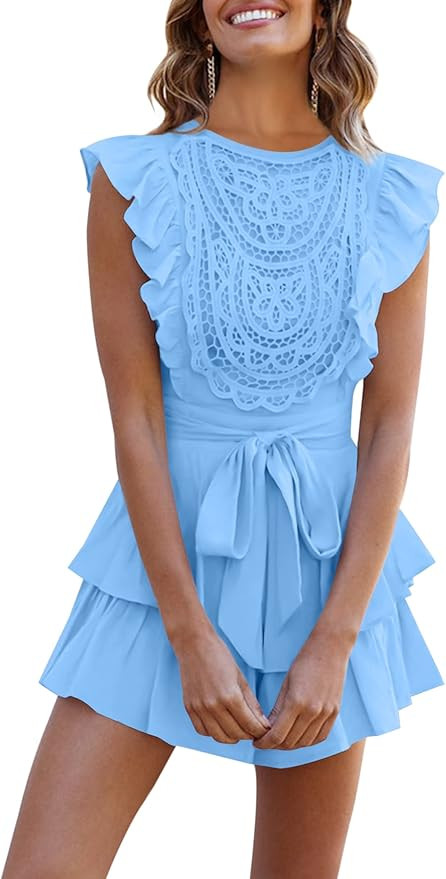 AIMCOO Women's Flutter Sleeve Crochet Lace Overlay Romper Dress Crewneck Waist Tie Rompers Tiered... | Amazon (US)