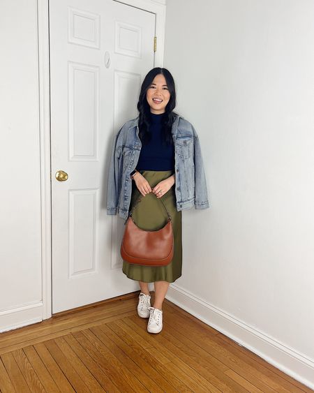 Denim jacket (SP)
Navy top (XS)
Olive green skirt (S)
Brown bag
White sneakers (TTS)
Spring outfit
Casual outfit
Weekend outfit

#LTKSeasonal #LTKstyletip #LTKfindsunder50