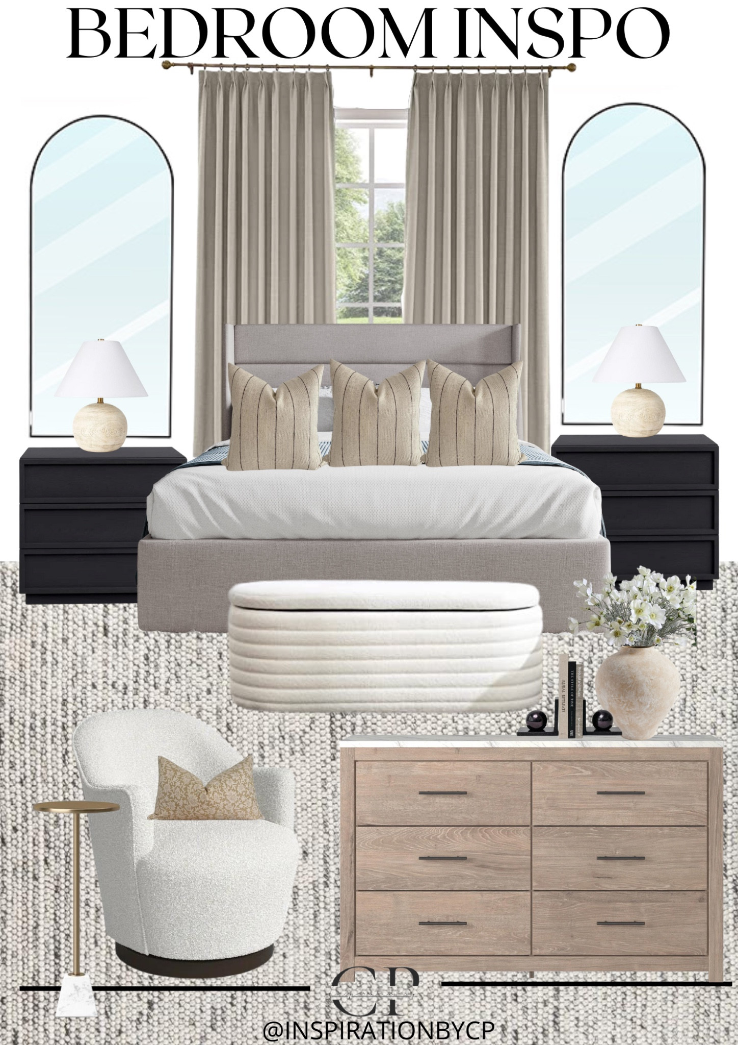 Neutral Modern Bedroom Inspo.
Bedroom inspo, bedroom decor, master bedroom, bedroom furniture, budget friendly bedroom, bedroom rug, dresser, nightstands, modern furniture sale, affordable nightstands, wayfair dresser, dresser styling, home decor, modern organic, curtain panels, swivel chair, side table, ottoman, arched mirror, RH inspired, modern home, amazon home, budget friendly decor, Walmart, target 

#LTKunder50 #LTKFind #LTKhome