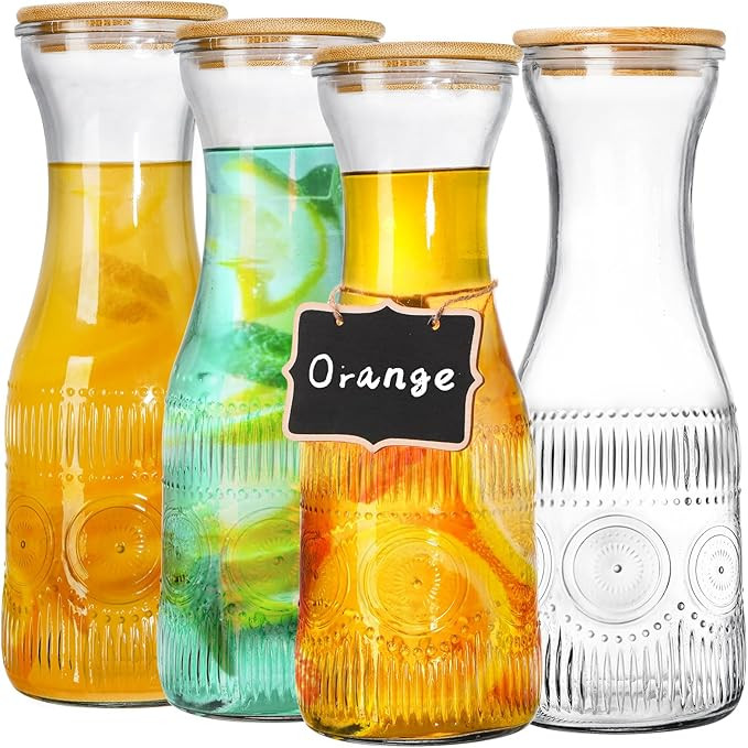 YOUEON 4 Pack 1 Liter Glass Carafe with Lid, Beverage Pitchers Carafes for Mimosa Bar with Bamboo... | Amazon (US)
