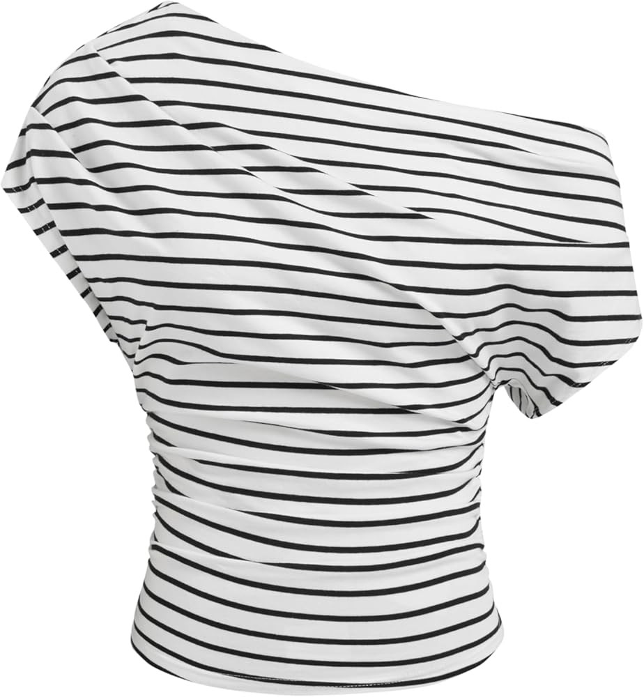CIDER Striped Ruched Off The Shoulder Going Out Tops Cotton Blend for Womens Asymmetrical Neck Sh... | Amazon (US)