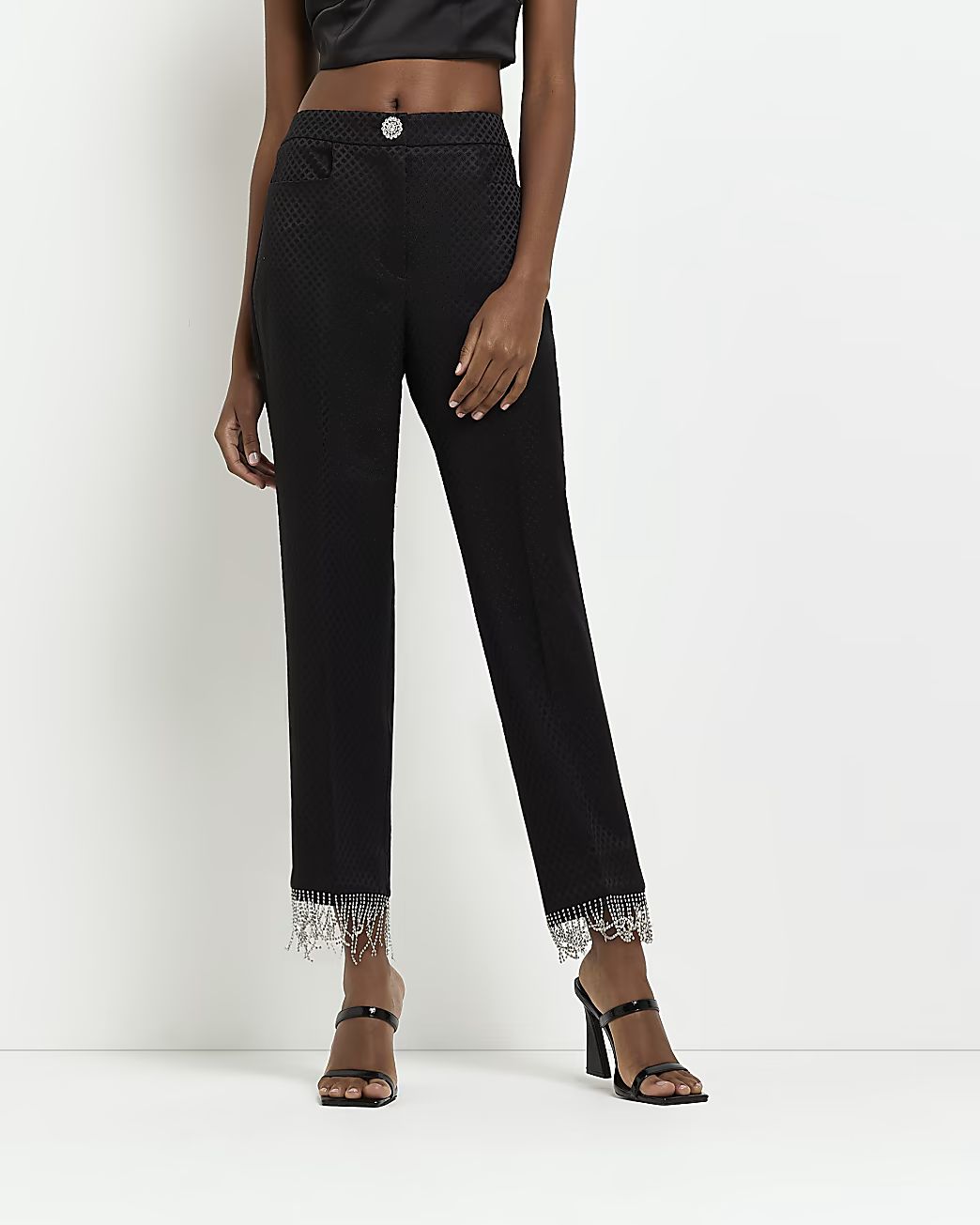 Black jacquard diamante straight leg trousers | River Island (US)