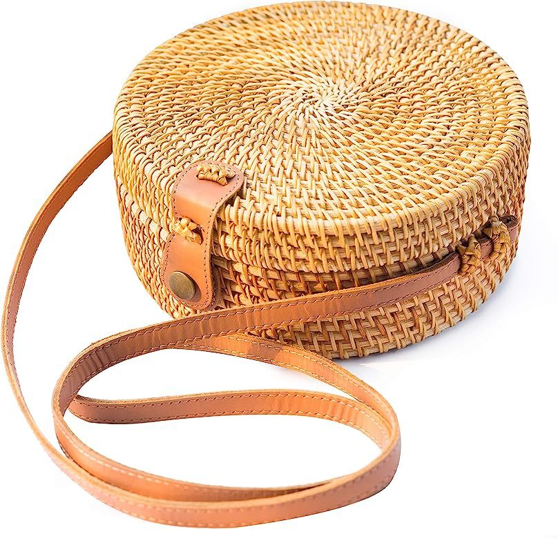 Handwoven Round Rattan Bag Shoulder Leather Straps Natural Chic Hand NATURALNEO | Amazon (CA)