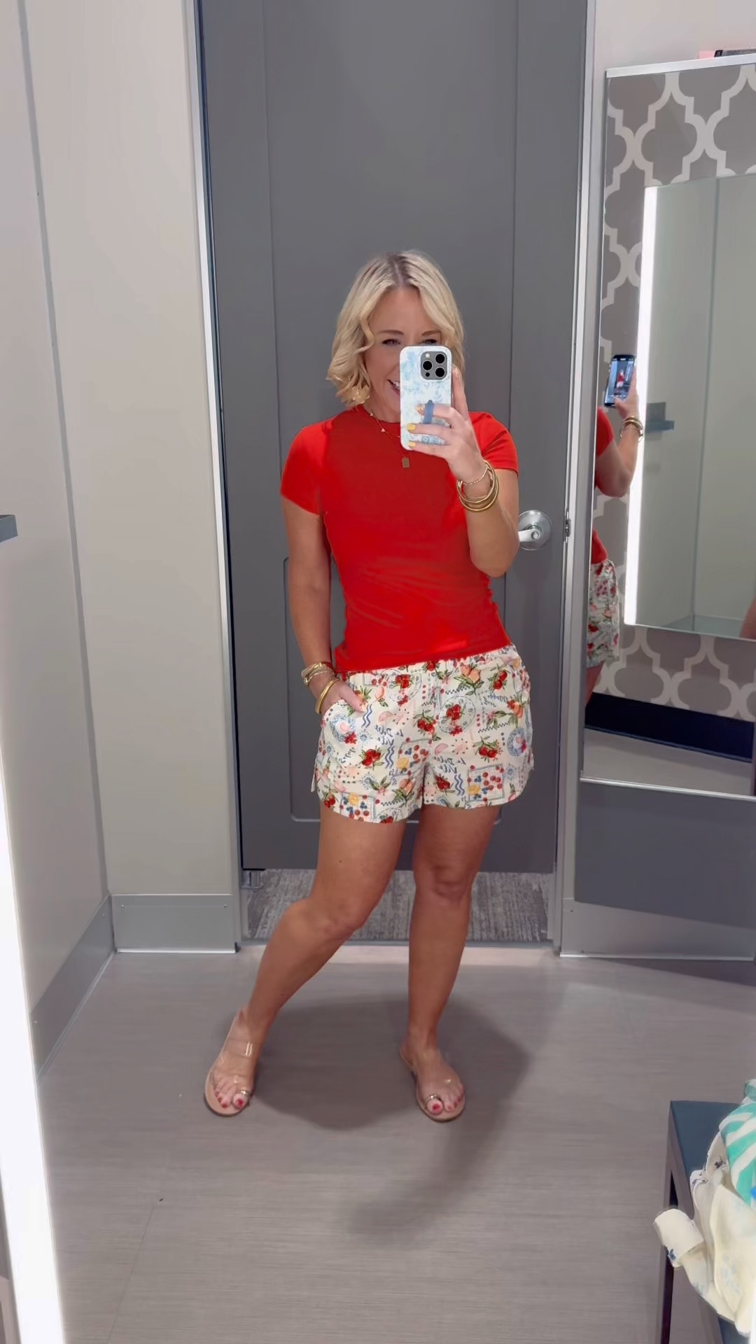 Target in store try-on (tops & bottoms): 
• Red t-shirt - size small. 
• Printed shorts - size medium. 

#LTKSeasonal #LTKPetite #LTKFindsUnder50