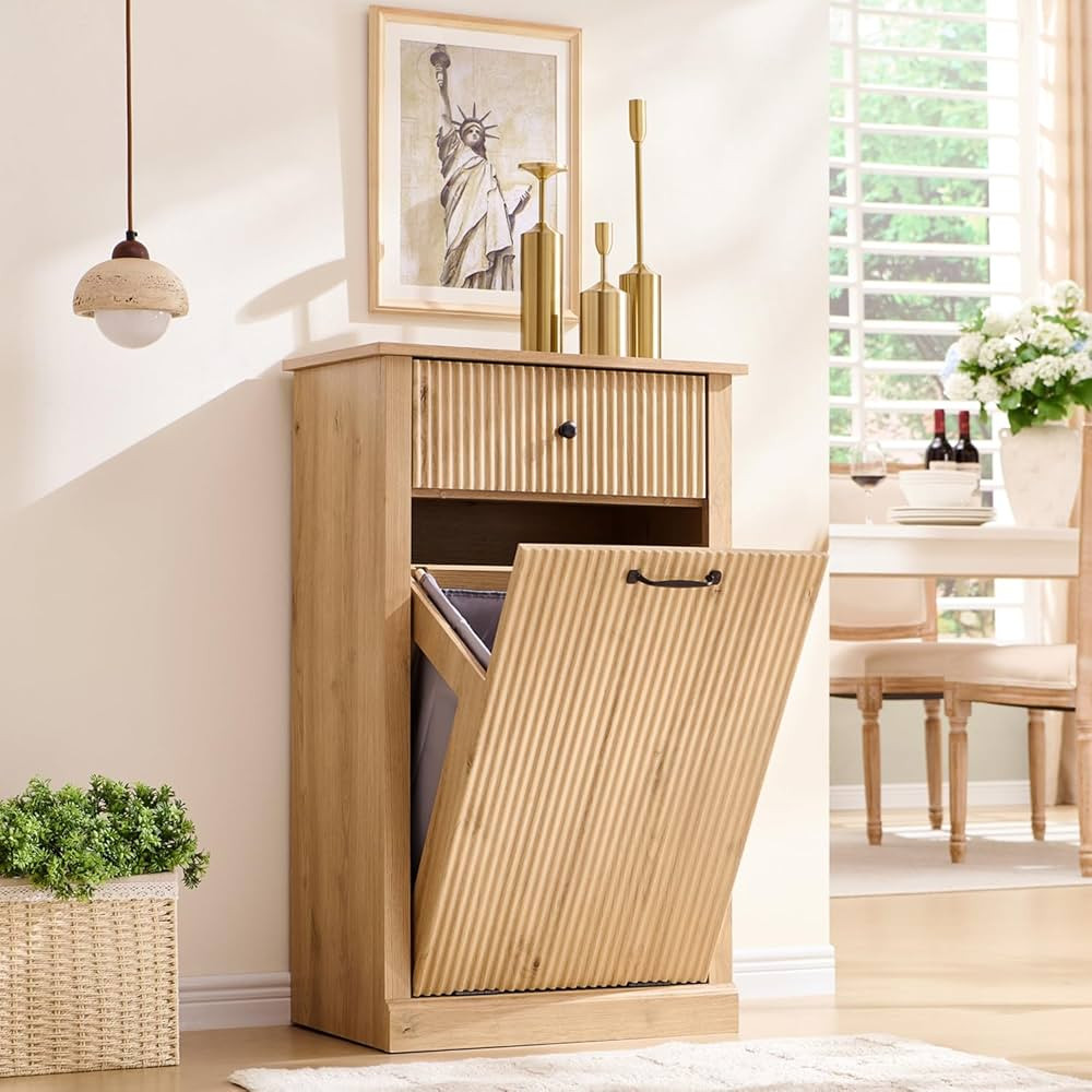 Modern Tilt-Out Trash Can Cabinet, 10 Gallon Fluted Laundry Hamper Cabinet with Drawers, Wooden H... | Amazon (US)