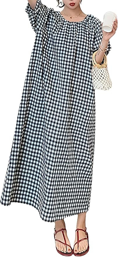 chouyatou Women's Casual Gingham Loose-Fit Swing Dress Cotton Lantern Puff Sleeve Plaid Midi Long... | Amazon (US)