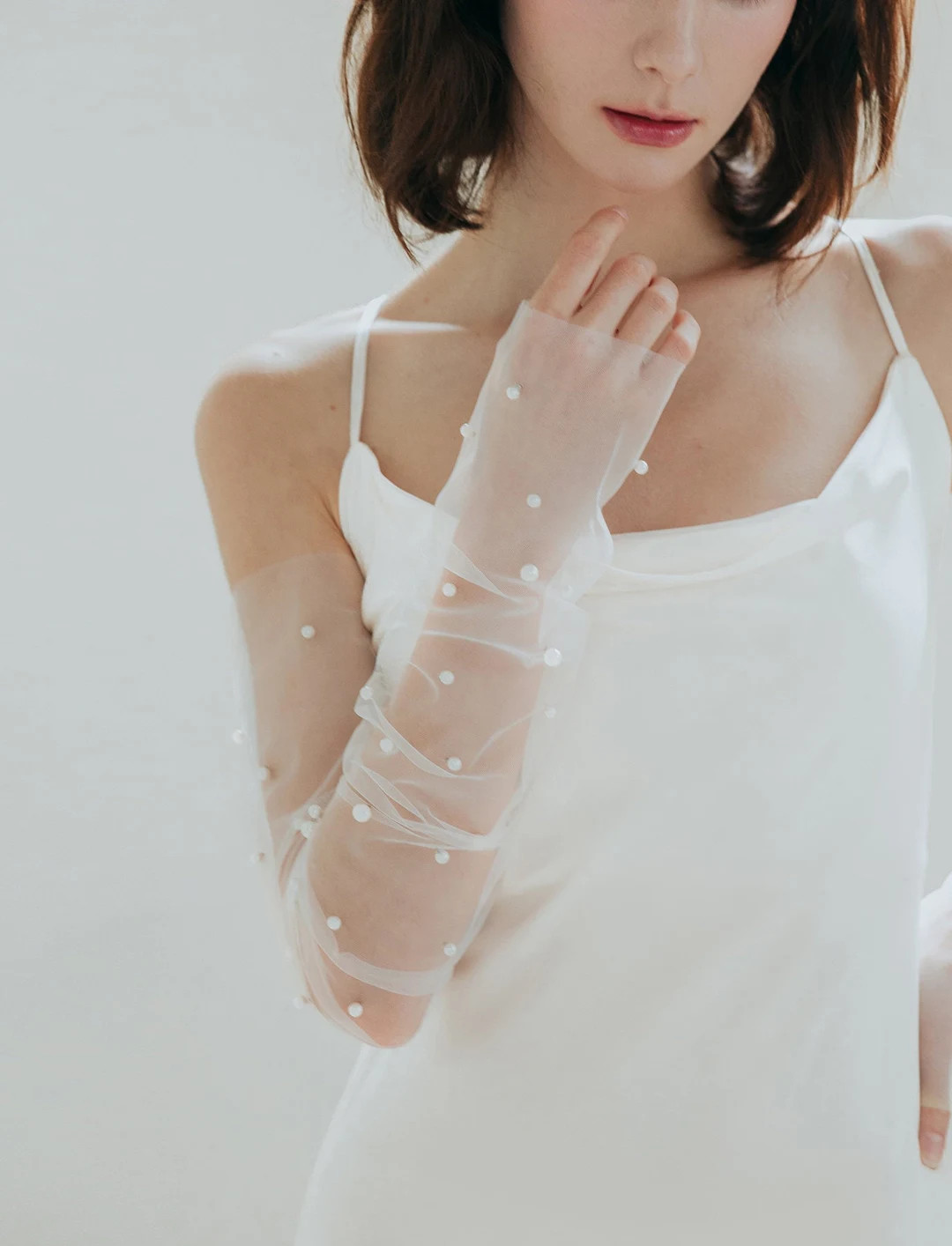 Pearl Bridal Gloves Fingerless Wedding Gloves - Tulle Bridal Sheer Sleeves Custom Ruched Arm Warm... | Etsy (US)