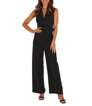 Petal & Pup Sienna V-Neckline Sleeveless Belted Wide Leg Jumpsuit | Dillard's | Dillard's