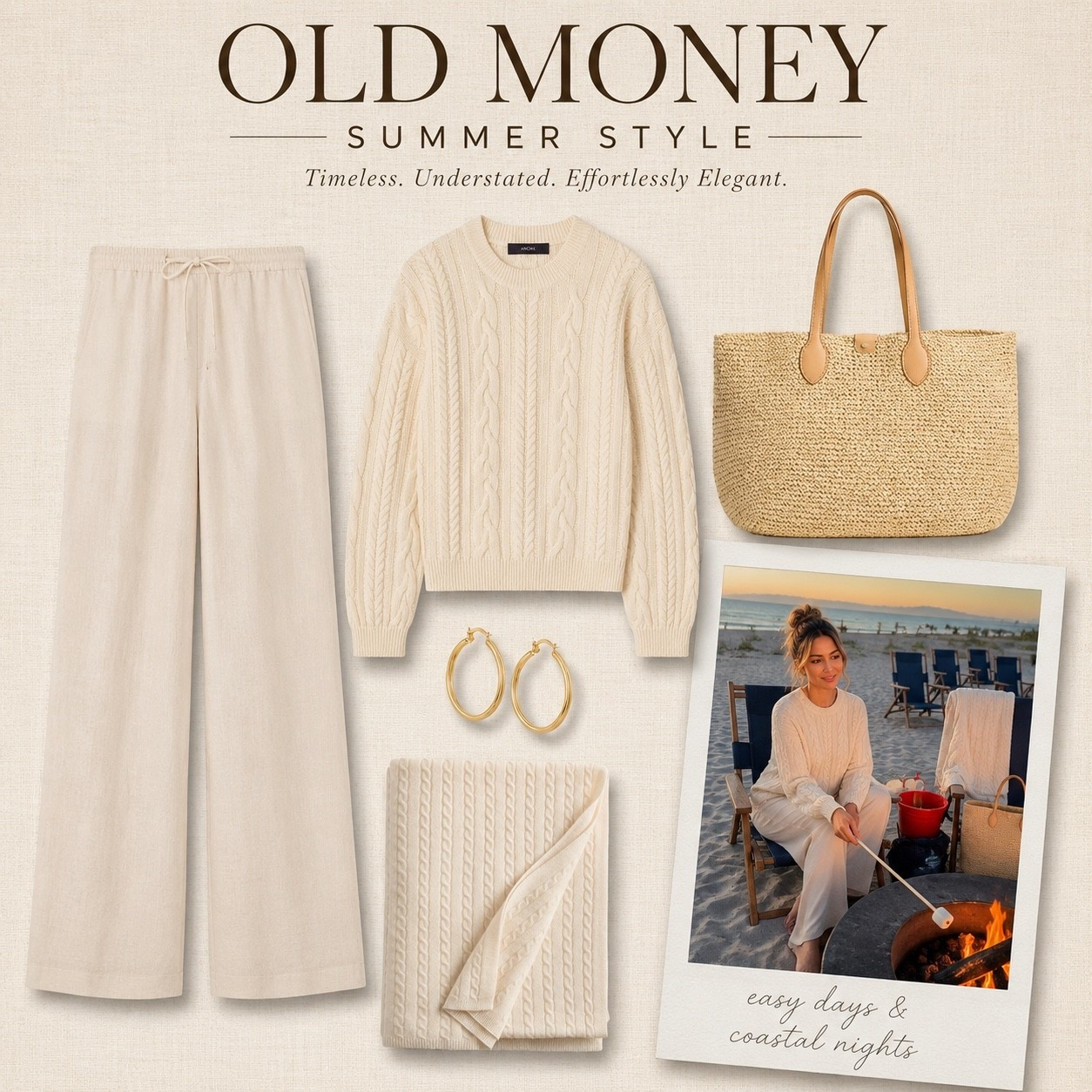 Old Money Beach Evenings 🤍

The perfect blend of timeless elegance and effortless coastal style. This cozy beach look features luxe cashmere textures, relaxed linen pants, classic gold hoops, a beautiful raffia tote, and the softest cable-knit throw for those breezy sunset nights. These are the pieces you’ll reach for year after year—they never go out of style.

Everything is linked and shoppable in this collection. ✨

#LTKStyle #OldMoneyStyle #QuietLuxury #CoastalGrandmillennial #HamptonsStyle