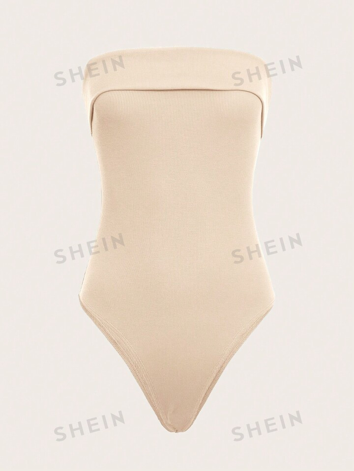 SHEIN EZwear Solid Color Knitted Strapless Bodysuit | SHEIN
