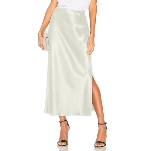 Women's Satin Midi Skirt Dressy Elastic High Waisted Silk Slip Flowy Ruffle Flared Cocktail Party Work A Line Skirts Ivory White | Amazon (US)