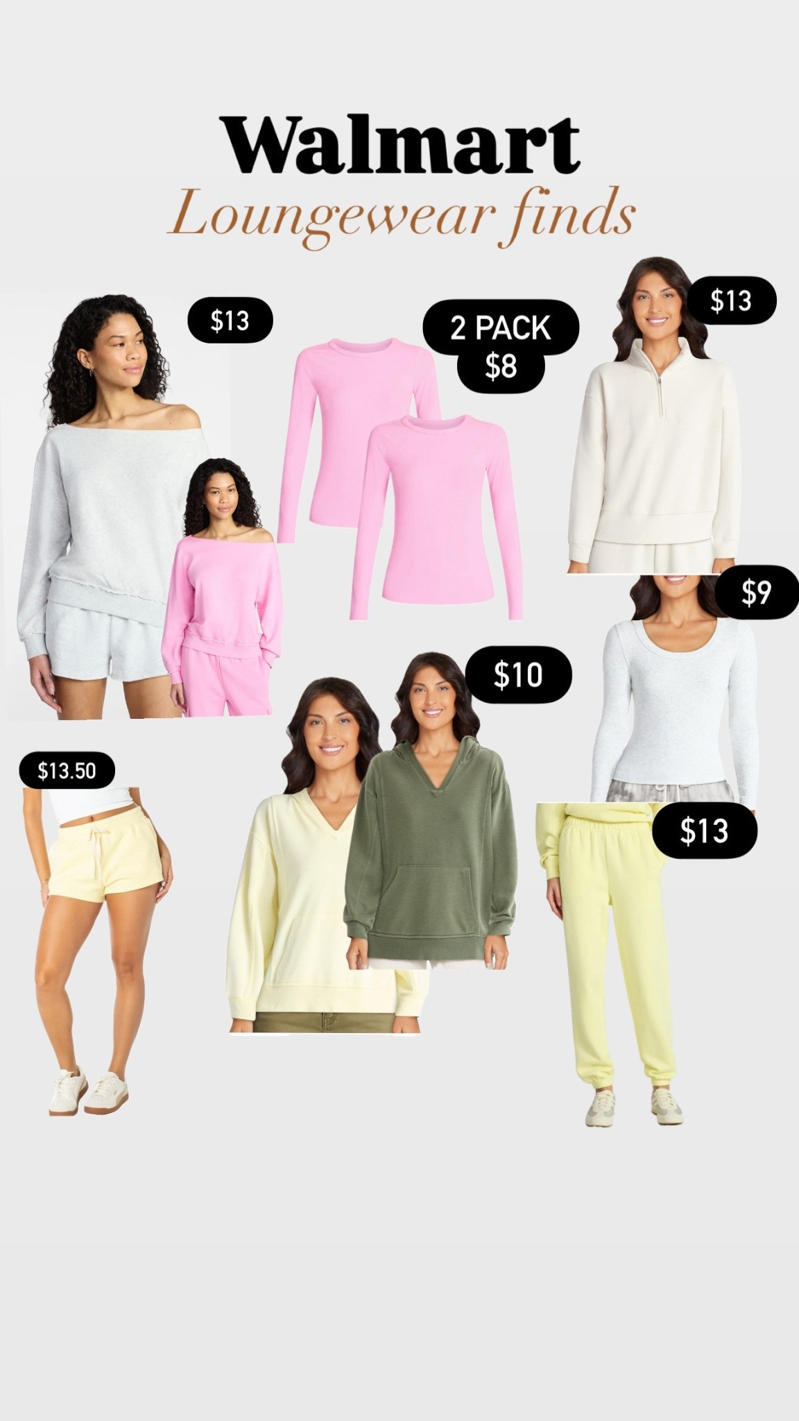 Walmart loungewear in my cart ✨ 
Looks for less

Edit: after ordering, the two pink shirts pictured is not a 2-pack.. the photo deceived me! 😅

#LTKFindsUnder50 

#LTKSeasonal #LTKootd