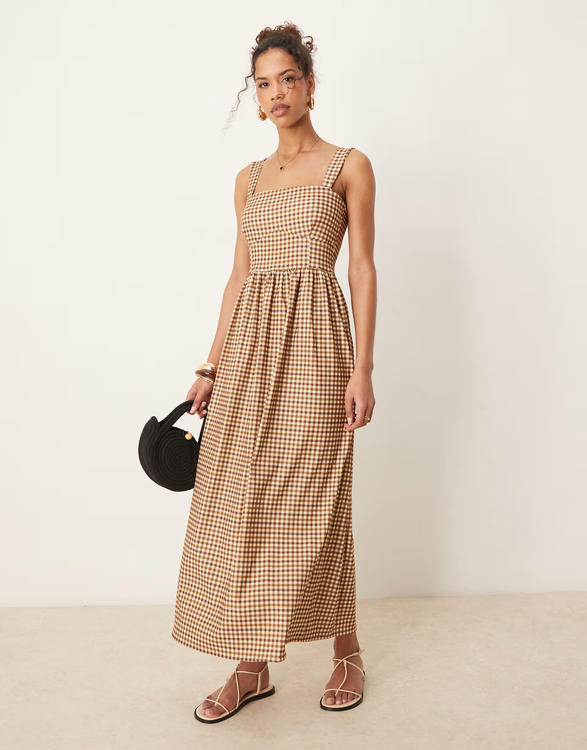 ASOS DESIGN bengaline cami midi dress in brown gingham | ASOS (Global)