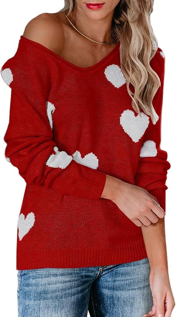 Tutorutor Womens Cute Love Heart Print Sweaters Oversized Off The Shoulder Loose Knitted Valentin... | Amazon (US)
