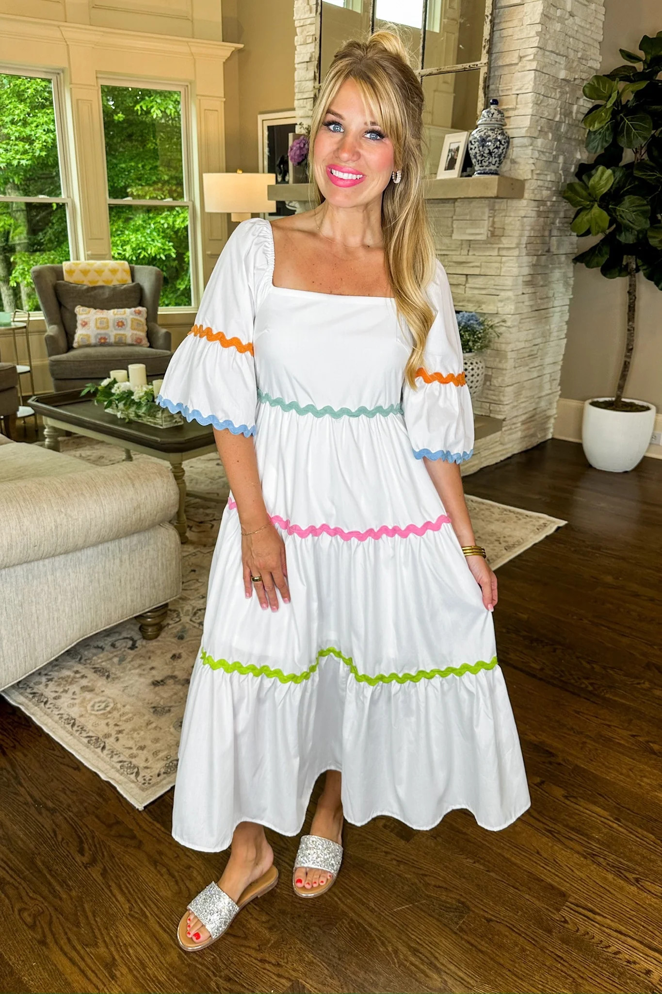 Colorful Ric Rac Trim White Tiered Midi Dress | Jules & James Boutique