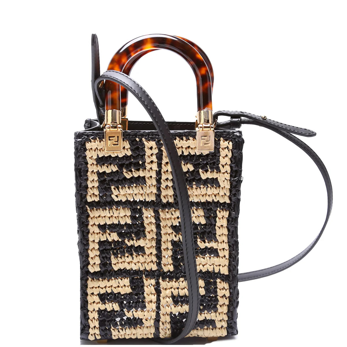 8BS051 Raffia FF Mini Sunshine Shopper Black/Tan | Keeks Designer Handbags