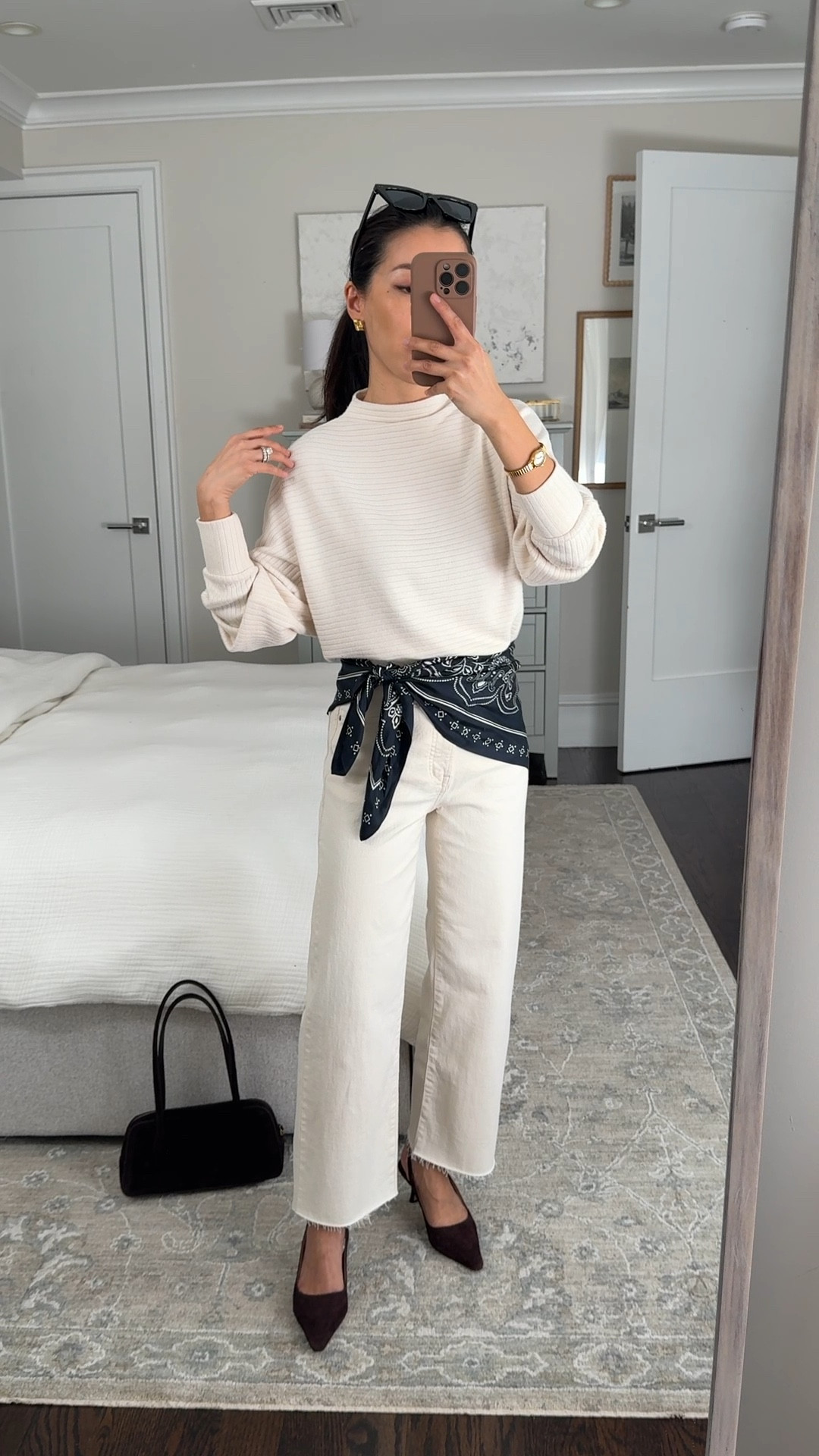 Rare Madewell sitewide sale! Jsut sign into you free Madewell account 

Love this silk scarf on sale on several colors and these perfect ecru jeans.

• cozy soft mock neck Top xxs, I’ve had this for a while and I wash it machine cold inside out in a mesh bag and air dry just like my sweaters 

• Perfect Vintage Wide-Leg Crop Jean 24 short in Vintage Canvas (has a tad higher rise than 24 petite)

• Medium Silk Bandana in classic navy 

• Top zip suede shoulder bag 

• Sam Edelman kitten heels 5.5 

• BP sunglasses 

Petite friendly outfit, easy mom style, white jean outfit

#LTKSpringSale #LTKPetite #LTKootd