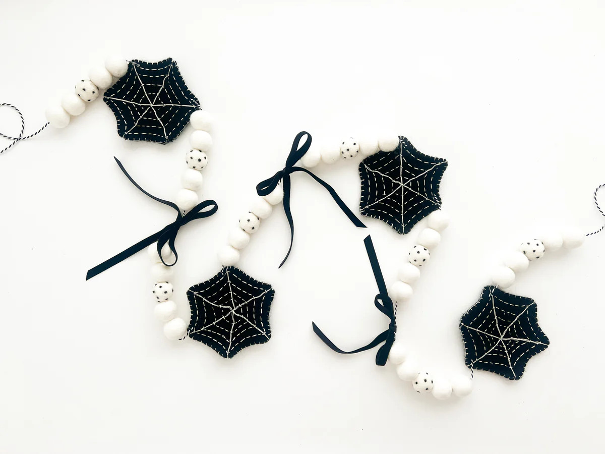 Spider Web Felt Ball Garland with Black Velvet Bows | Pearl & Jane