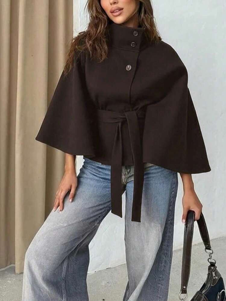 Women's Solid Color Front Button Tie Waist Woolen Cloak, Casual & Date Wear, Autumn/Winter Overcoat | SHEIN