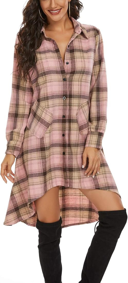 Womens Plaids V Neck Long Sleeve Irregular Hem Casual Shirt Dress | Amazon (US)