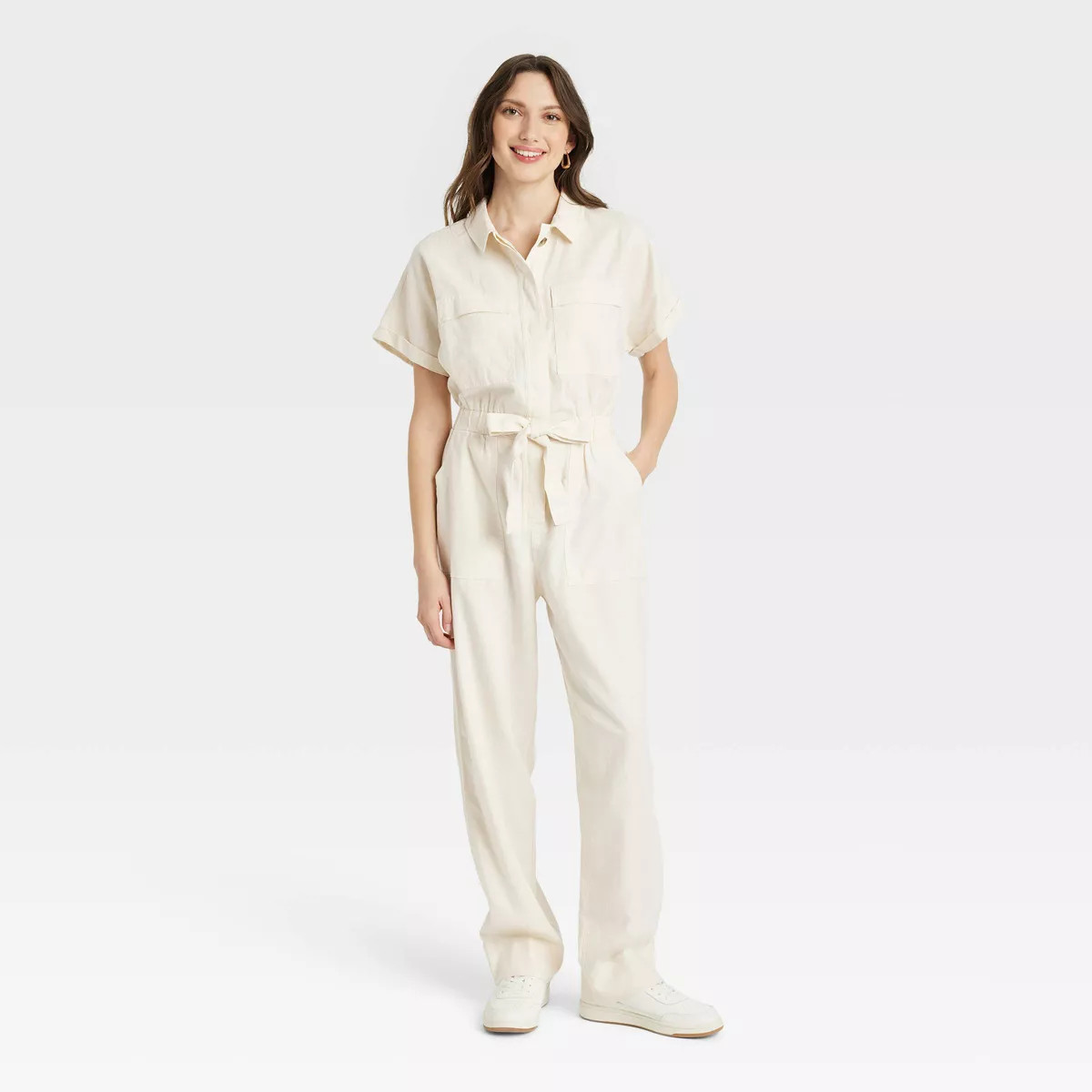 Women's Short Sleeve Linen Boilersuit - Universal Thread™ Cream 14 | Target