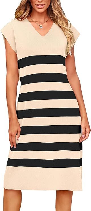 PRETTYGARDEN Women's Casual Summer Dress Cap Sleeve V Neck Stripe Knitted Loose Shift Dresses | Amazon (US)