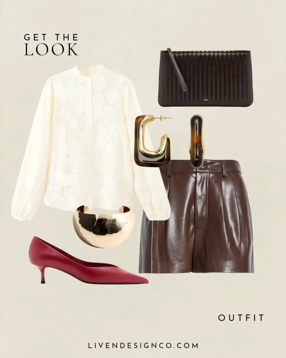 Brown leather shorts outfit. Women outfit ideas. Fall style. Red kitten heels. Braided leather clutch. Embroidered blouse. Tortoiseshell earrings. Gold bangle bracelet. 

#LTKSeasonal #LTKSaleAlert