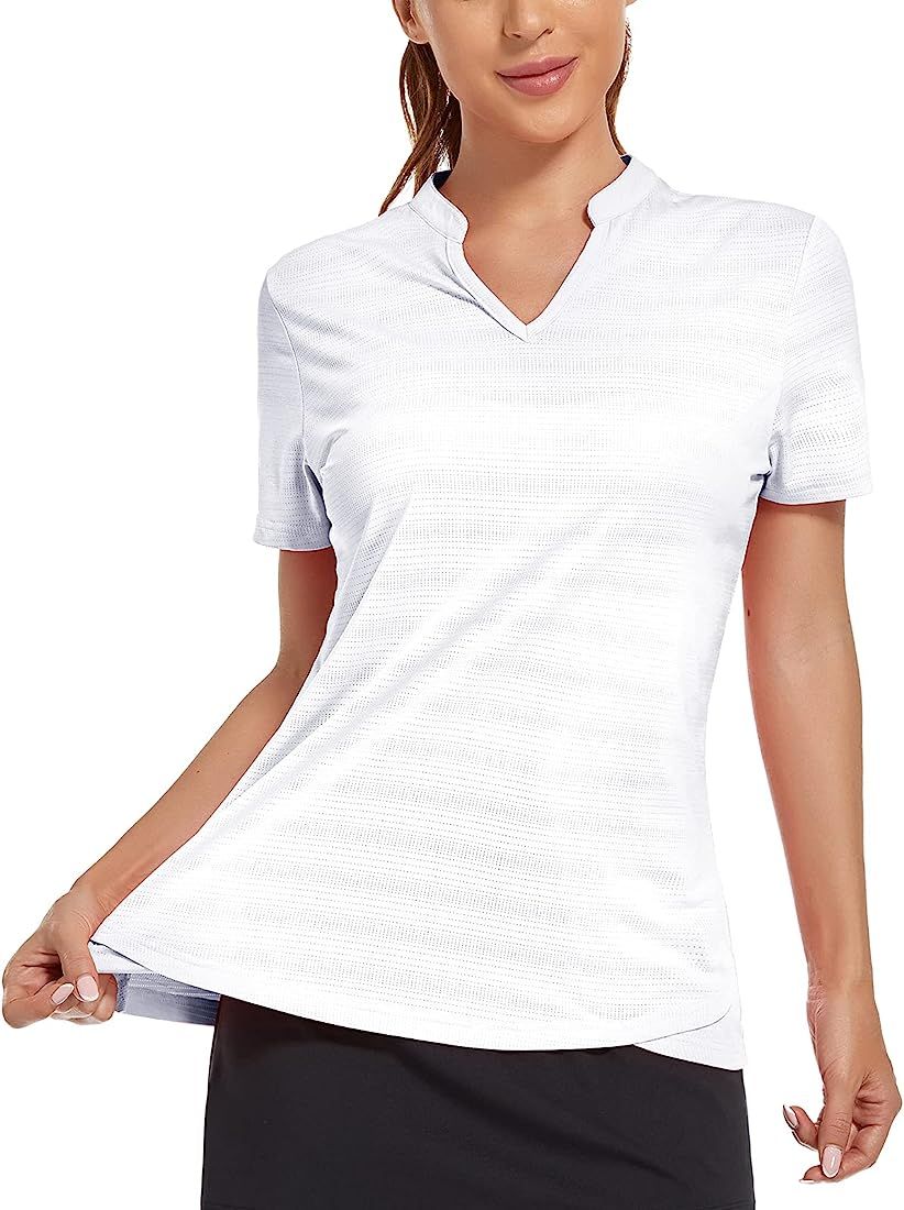 MIER Women's Golf Polo Shirts Collarless UPF 50+ Short Sleeve Tennis Running T-Shirts V-Neck | Amazon (US)