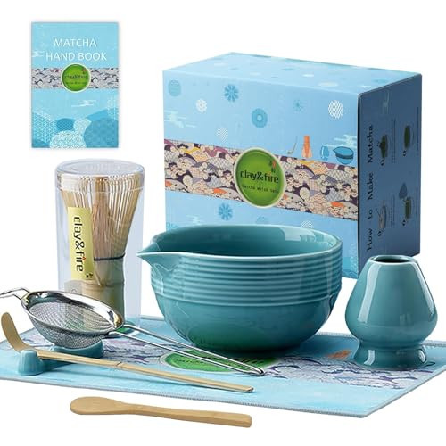 Clay&Fire Matcha Whisk Set, Ceramic Matcha Set, Matcha Bowl with Spout and Whisk, 9 pcs Matcha Tea Kit for Matcha Lovers, Ideal Gift Christmas, Birthday (Blue) | Amazon (US)