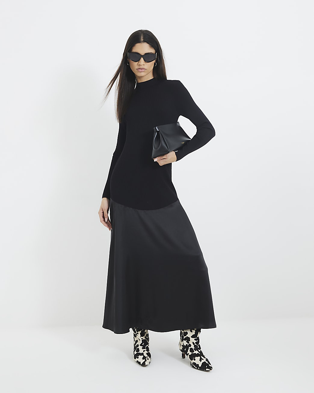 Black Satin Hybrid Maxi Dress | River Island UK & IE
