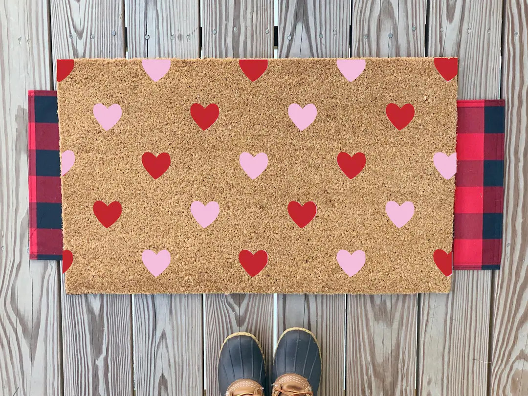Red and Pink Heart Geometric Pattern Valentine's Day Doormat | Cute Outdoor Spring Front Doormat ... | Etsy (US)
