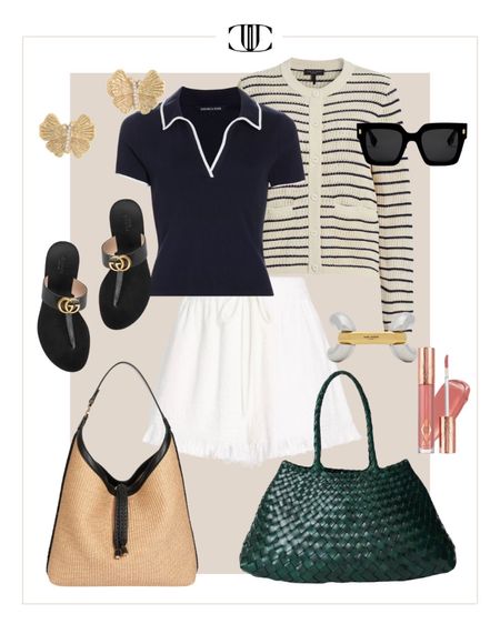 Polo shirt, white shorts, leather tote, striped cardigan, hobo bag, summer outfit, spring outfit, elevates look, travel outfit 

#LTKover40 #LTKstyletip #LTKshoecrush