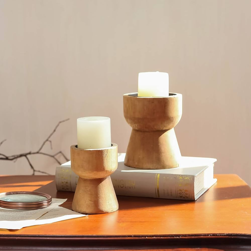 NIKKY HOME Rustic Wood Candle Holder, Farmhouse Pillar Decorative Candlesticks Pedestal, Centerpi... | Amazon (US)