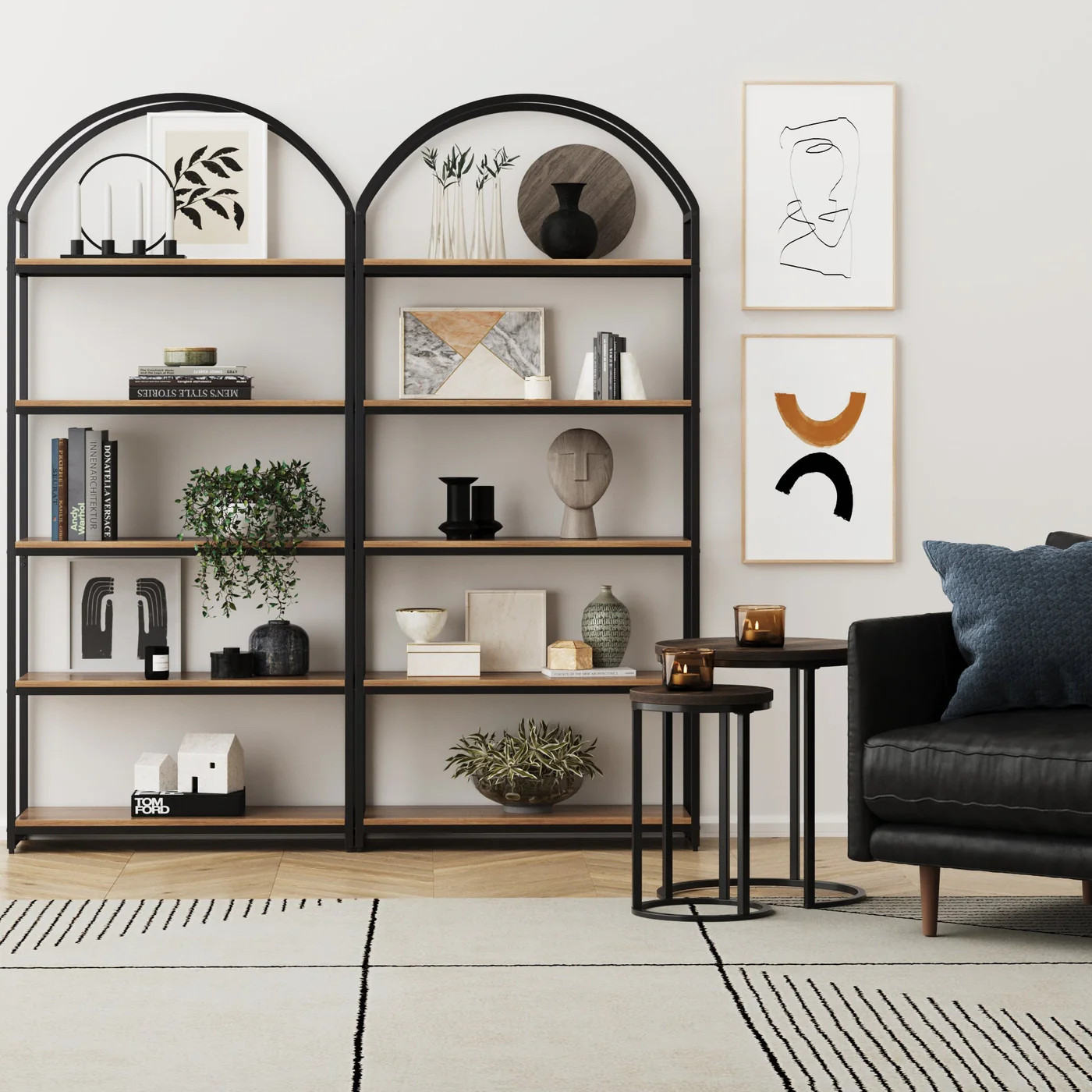 Metal 5-Shelf Arched Bookshelves Oak (Set of 2) | Nathan James