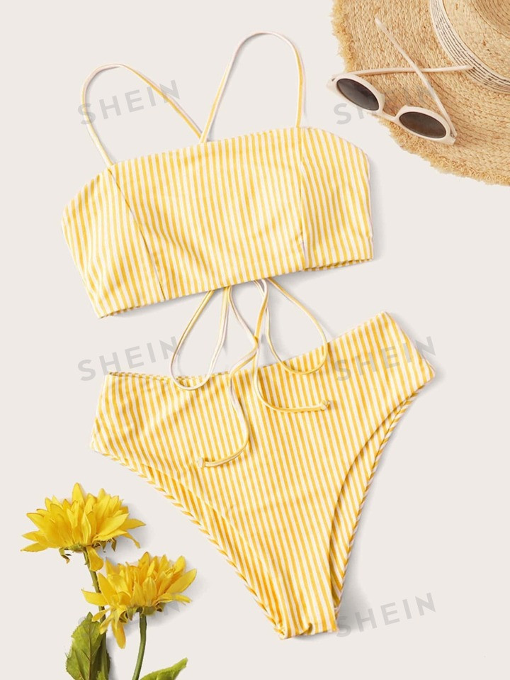 SHEIN Swim Mod Summer Beach Striped High Waist Bikini Set | SHEIN